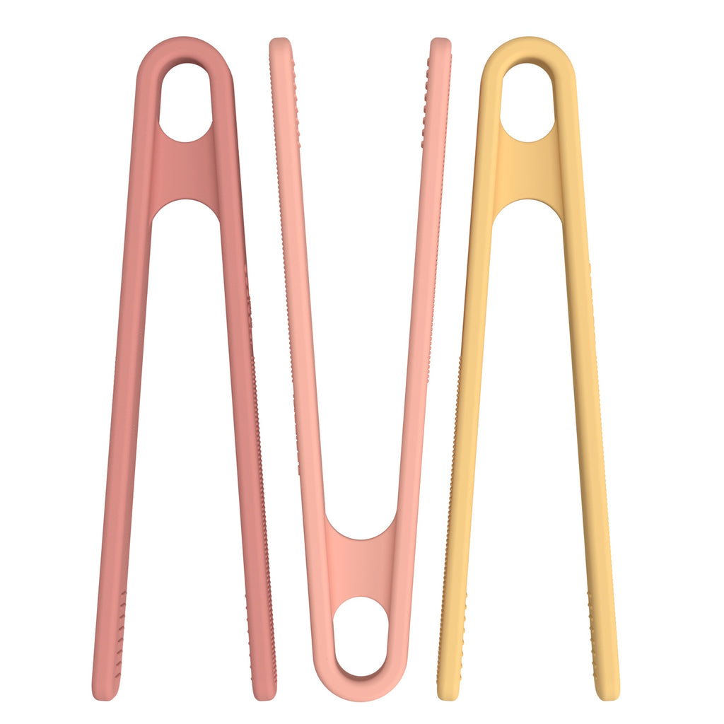 Three colorful tongs standing upright against a white background; coral and yellow pastel, with a sleek, modern design and textured grips.