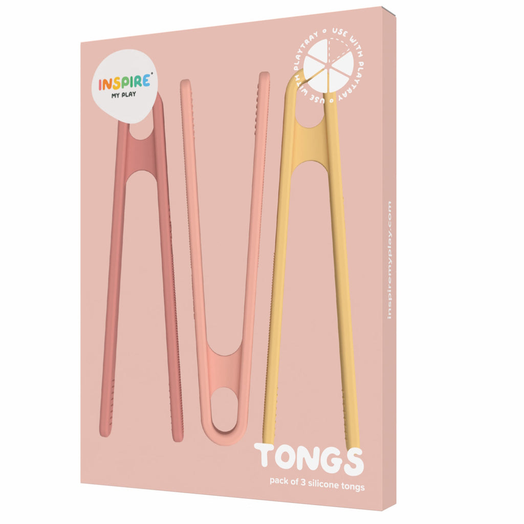 Packaging features three silicone tongs in coral and yellow, on a pastel backdrop. Text reads "Tongs, pack of 3 silicone tongs," with a playful tone.
