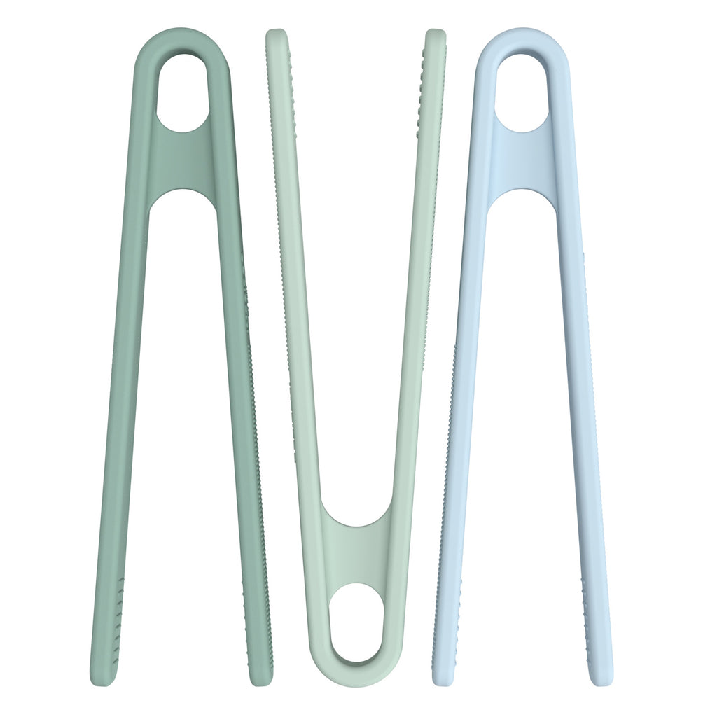 Three minimalist tongs in pastel green and blue shades are standing upright on a white background, displaying a sleek and modern design.