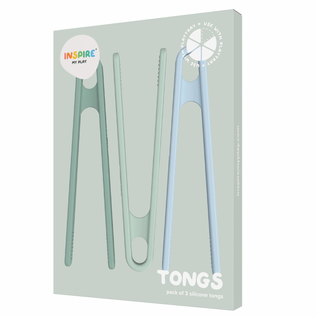 Packaging for "Inspire My Play" silicone tongs, featuring three pastel-colored tongs in green and blue tones with a minimalist design and playful text.