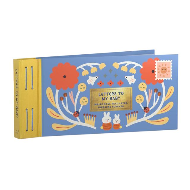 Blue keepsake book titled "Letters to My Baby" with colorful floral illustrations, bunnies, and a yellow spine.