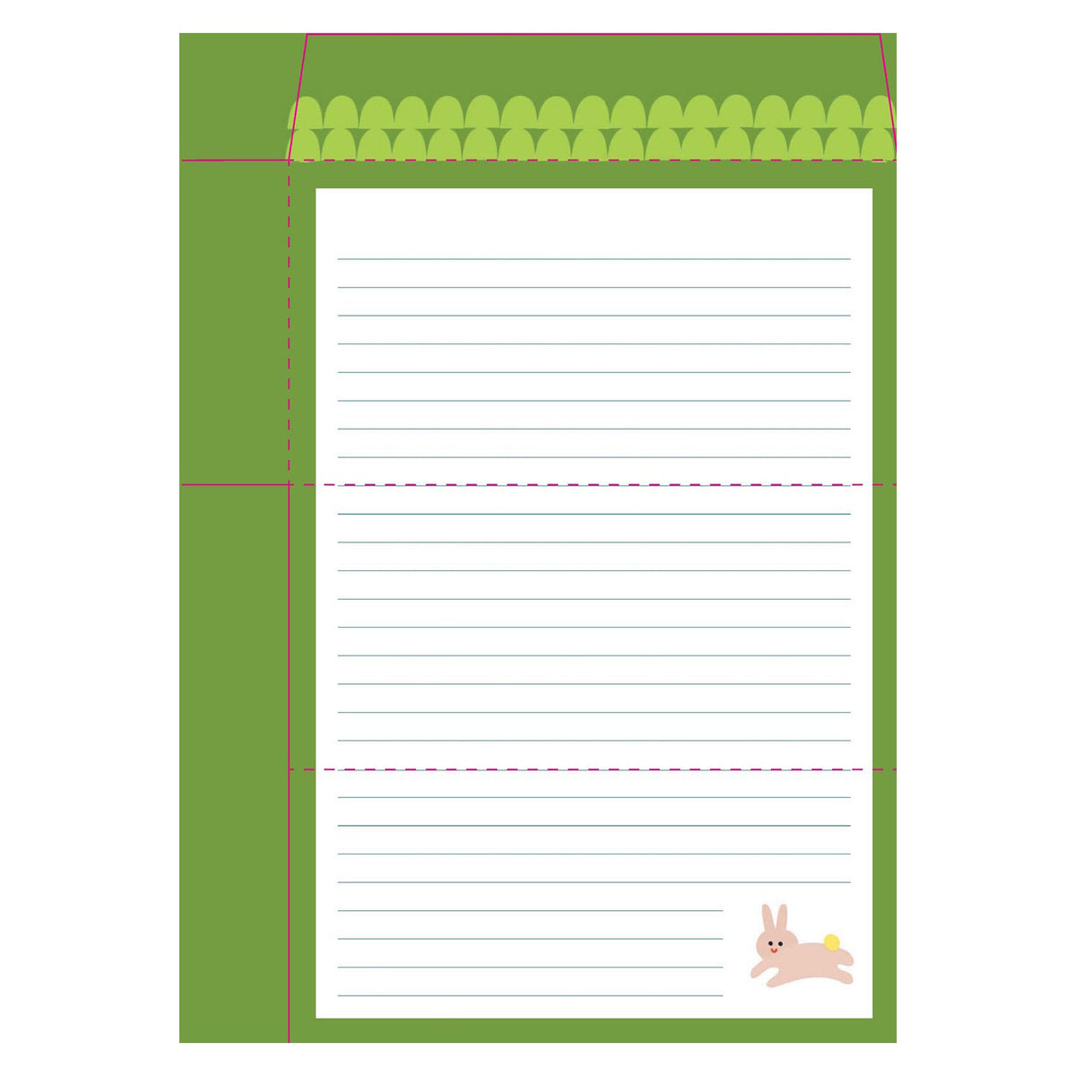 Green stationery template with lined white paper, a scalloped border, and a small pink bunny illustration.
