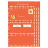 Orange envelope template for a letter to the future, featuring a squirrel and acorn stamp with decorative borders.