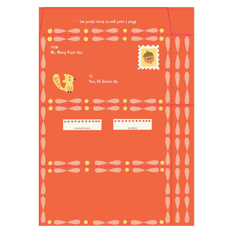 Orange envelope template for a letter to the future, featuring a squirrel and acorn stamp with decorative borders.