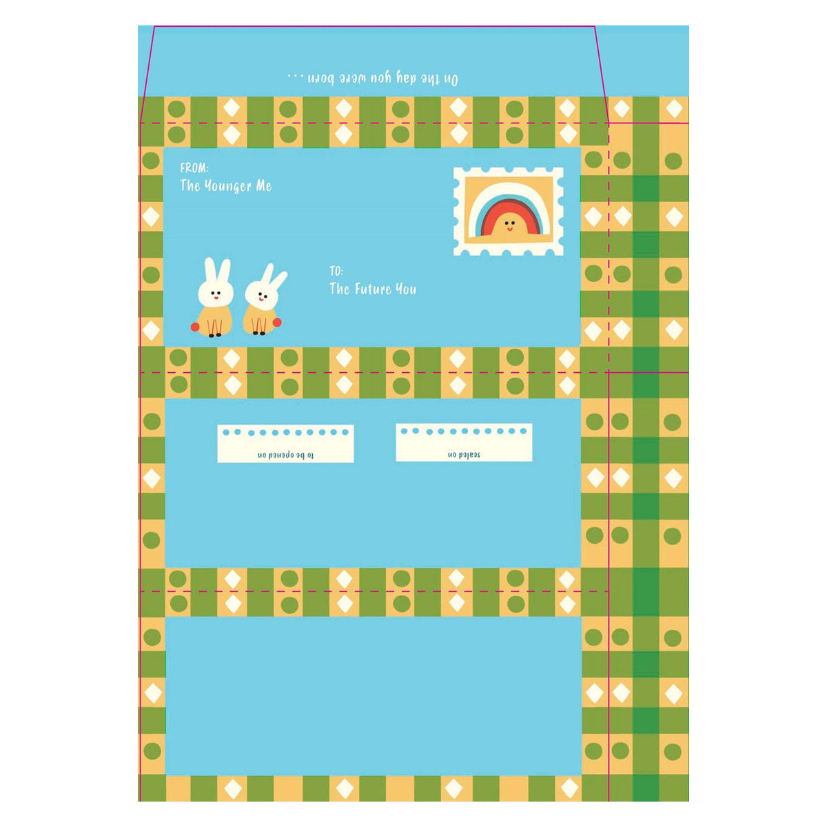 Blue envelope template with green plaid border, rainbow stamp, and bunny illustrations for "The Future You" letters.