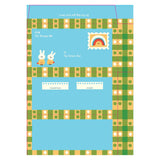 Blue envelope template with green plaid border, rainbow stamp, and bunny illustrations for "The Future You" letters.