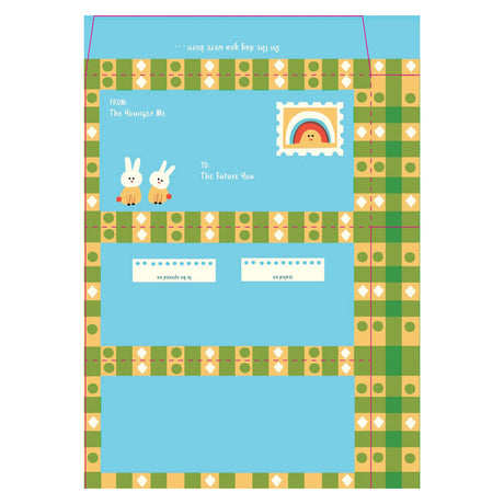 Blue envelope template with green plaid border, rainbow stamp, and bunny illustrations for "The Future You" letters.