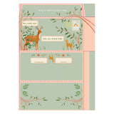 Sage green stationery with deer, fawn, and branch illustrations. Includes a rainbow stamp and "Me, Long Ago" text.