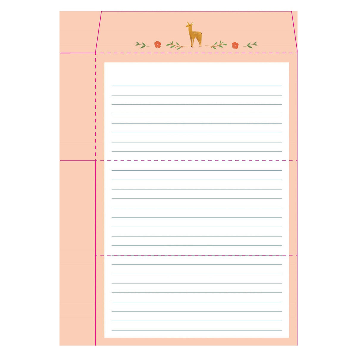 Peach stationery template with lined paper, a deer illustration, and small orange flowers.