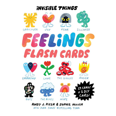 Invisible Things Feelings Flash Cards cover by Andy J. Pizza and Sophie Miller featuring colorful personified emotion characters.