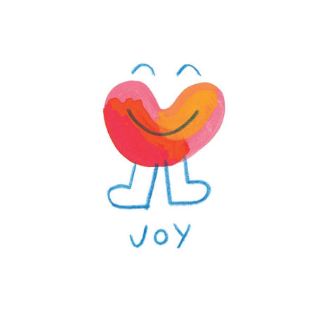 Colorful heart-shaped character with a smile and blue legs on a white background, with the word "Joy" handwritten below.