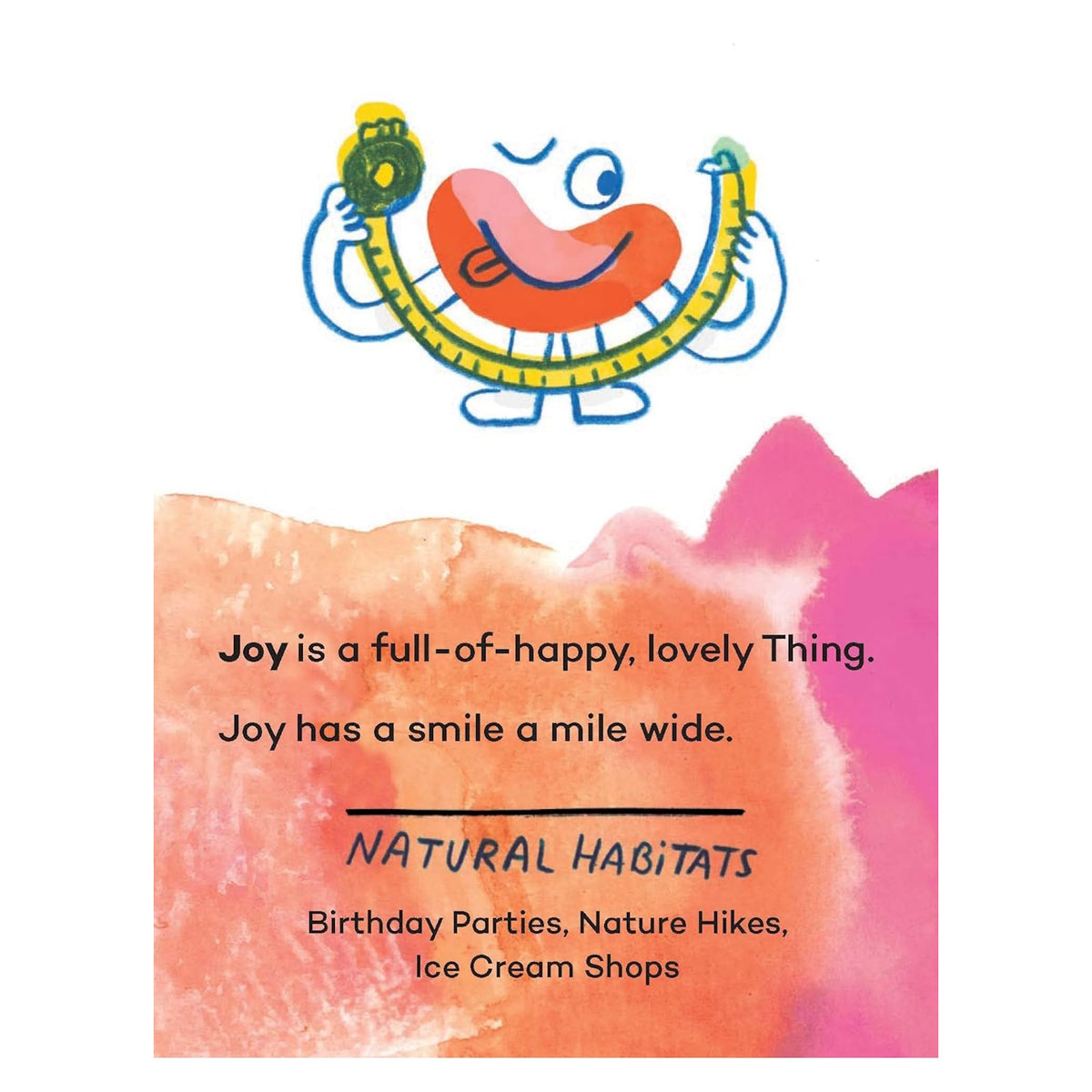 Invisible Things "Joy" flash card with a smiling cartoon character holding a tape measure over a colorful watercolor background.