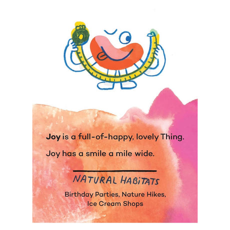 Invisible Things "Joy" flash card with a smiling cartoon character holding a tape measure over a colorful watercolor background.