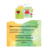 Colorful illustration defining Hope as a trusting Thing, with a sun, flowers, and a friendly pink creature.