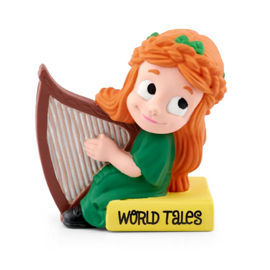 A playful girl with orange hair and a green dress plays a harp beside a book titled "WORLD TALES" audiobook.
