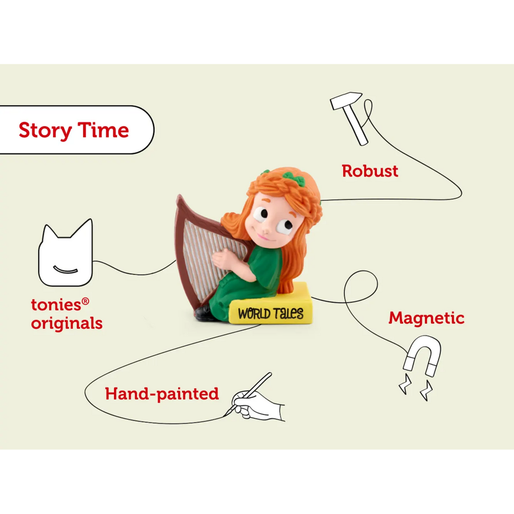 A playful girl with orange hair and a green dress plays a harp beside a book titled "WORLD TALES" audiobook.