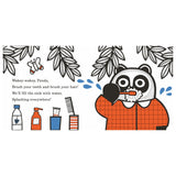 Illustration of a panda in an orange shirt brushing teeth, surrounded by leaves and toiletries. Text reads, "Wakey-wakey, Panda." Fun, lively morning scene.