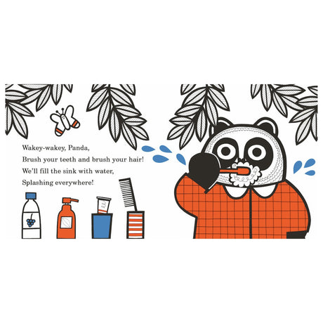 Illustration of a panda in an orange shirt brushing teeth, surrounded by leaves and toiletries. Text reads, "Wakey-wakey, Panda." Fun, lively morning scene.