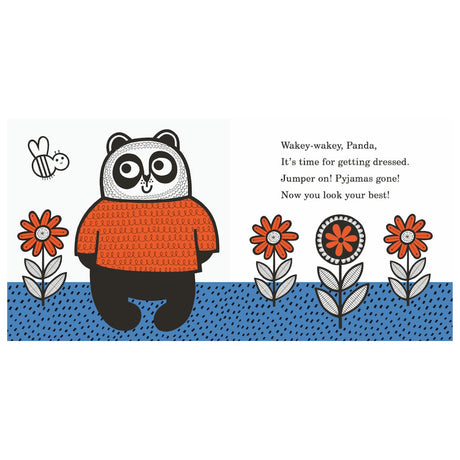 A cute cartoon panda in an orange sweater stands amidst cheerful, red flowers and a smiling bee. Playful text encourages the panda to get dressed.