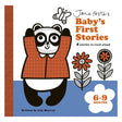 Cute illustrated cover of "Baby's First Stories" with a happy panda wearing an orange shirt, flowers, and a bee. For ages 6-9 months, by Lily Murray.
