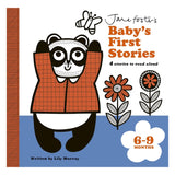 Cute illustrated cover of "Baby's First Stories" with a happy panda wearing an orange shirt, flowers, and a bee. For ages 6-9 months, by Lily Murray.