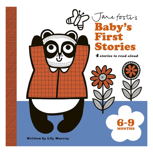 Cute illustrated cover of "Baby's First Stories" with a happy panda wearing an orange shirt, flowers, and a bee. For ages 6-9 months, by Lily Murray.
