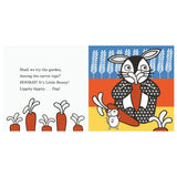 Illustrated page with a black and white bunny holding a carrot, surrounded by a colorful background. Text reads playful lines about a garden and a bunny.