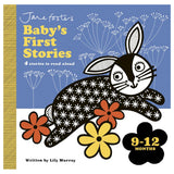 Illustrated children's book cover featuring a patterned rabbit with floral decorations, set against a blue background with white flowers. Text reads "Baby's First Stories, 4 stories to read aloud, 9-12 months."