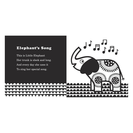 Black and white high-contrast illustration of a patterned elephant and music notes from a Jane Foster baby book.