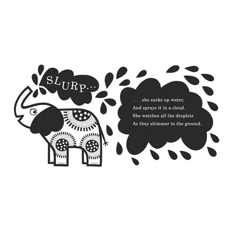 Black and white patterned elephant illustration spraying water droplets from its trunk for a baby's first story book.