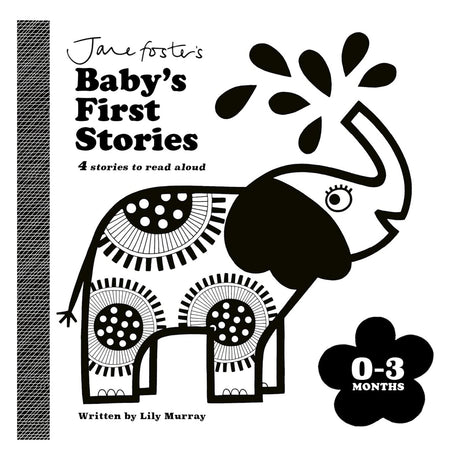 Jane Foster's Baby's First Stories book cover featuring a high-contrast black and white elephant for infants 0-3 months.