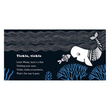 Illustration of a whale and fish with patterned tails swimming underwater near blue coral and rhythmic waves.