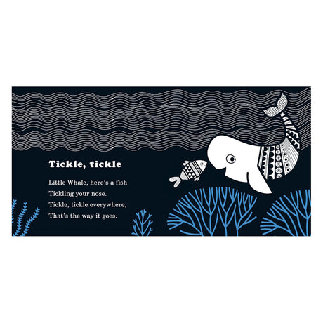 Illustration of a whale and fish with patterned tails swimming underwater near blue coral and rhythmic waves.