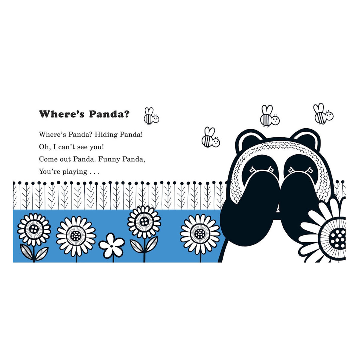 Illustration of a panda hiding its eyes behind flowers and bees with the text "Where's Panda?" in a children's book.