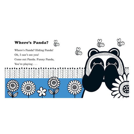 Illustration of a panda hiding its eyes behind flowers and bees with the text "Where's Panda?" in a children's book.