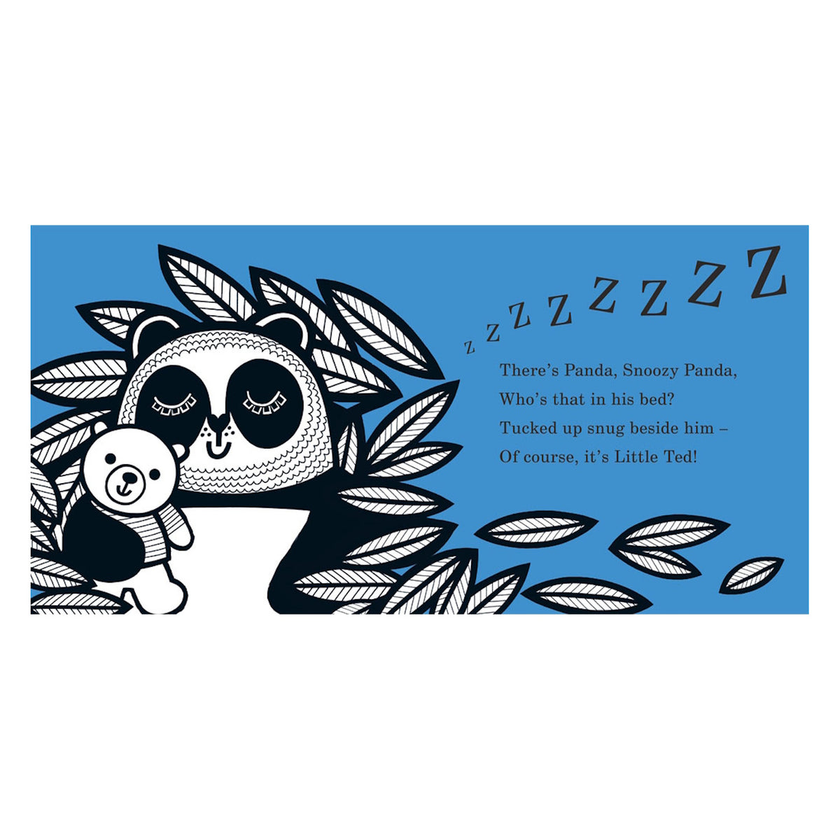 Illustration of a sleeping panda cuddling a teddy bear with "Z" symbols and nursery rhyme text on a blue background.