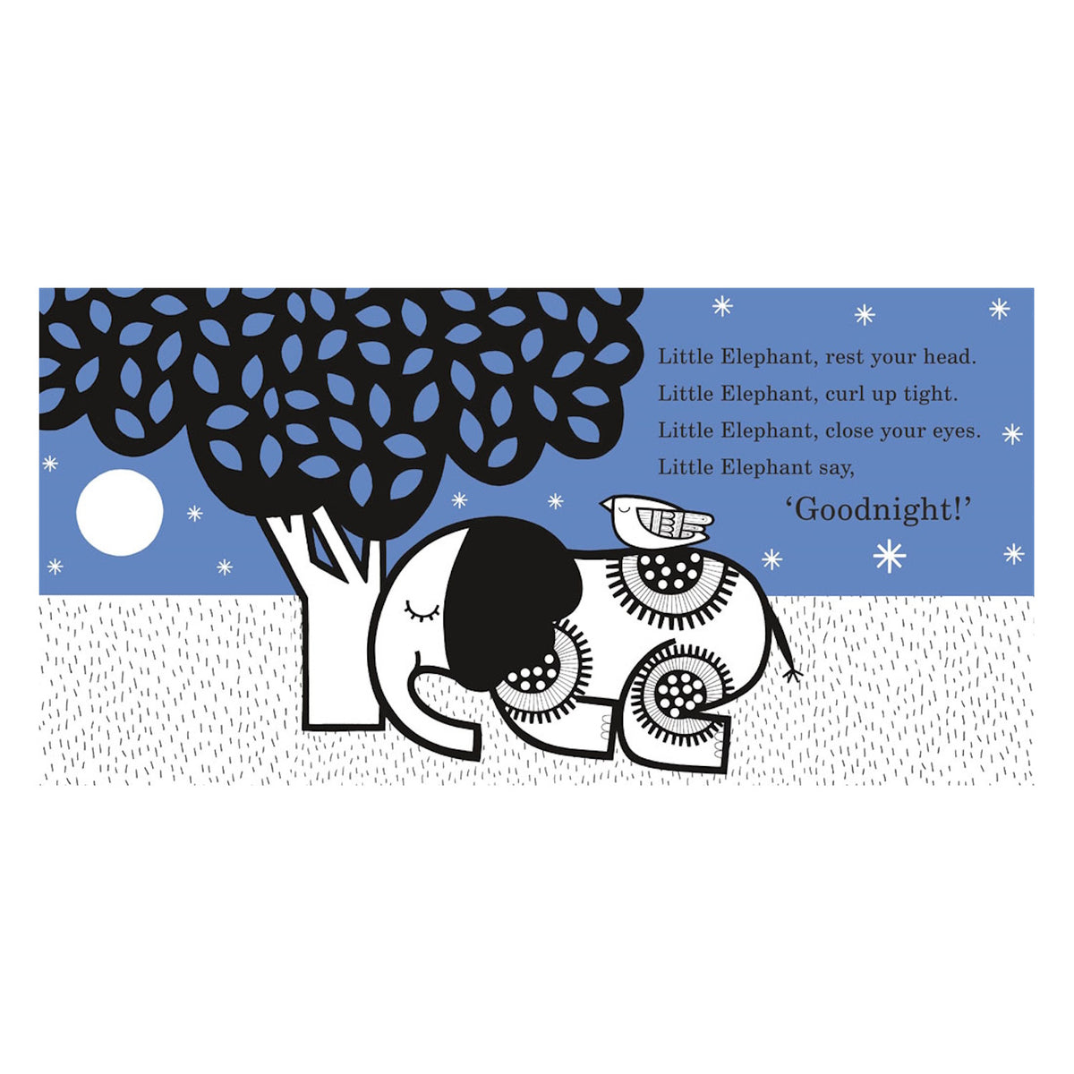 Illustration of a sleeping elephant and bird under a moonlit tree with "Goodnight!" text in a bold, patterned style.