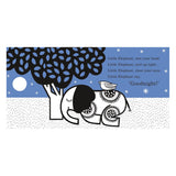 Illustration of a sleeping elephant and bird under a moonlit tree with "Goodnight!" text in a bold, patterned style.