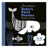 Jane Foster's Baby's First Stories book cover featuring a black and white patterned whale and fish on a black background.