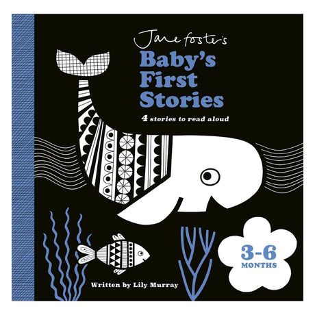 Jane Foster's Baby's First Stories book cover featuring a black and white patterned whale and fish on a black background.
