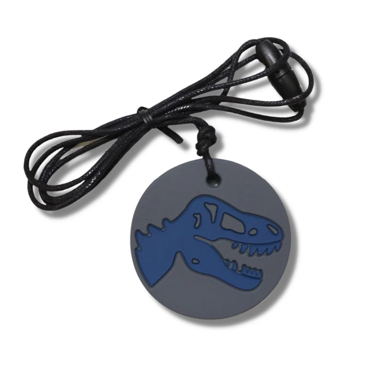 Grey circular chewable pendant with a blue dinosaur silhouette on a black cord with a safety clasp.