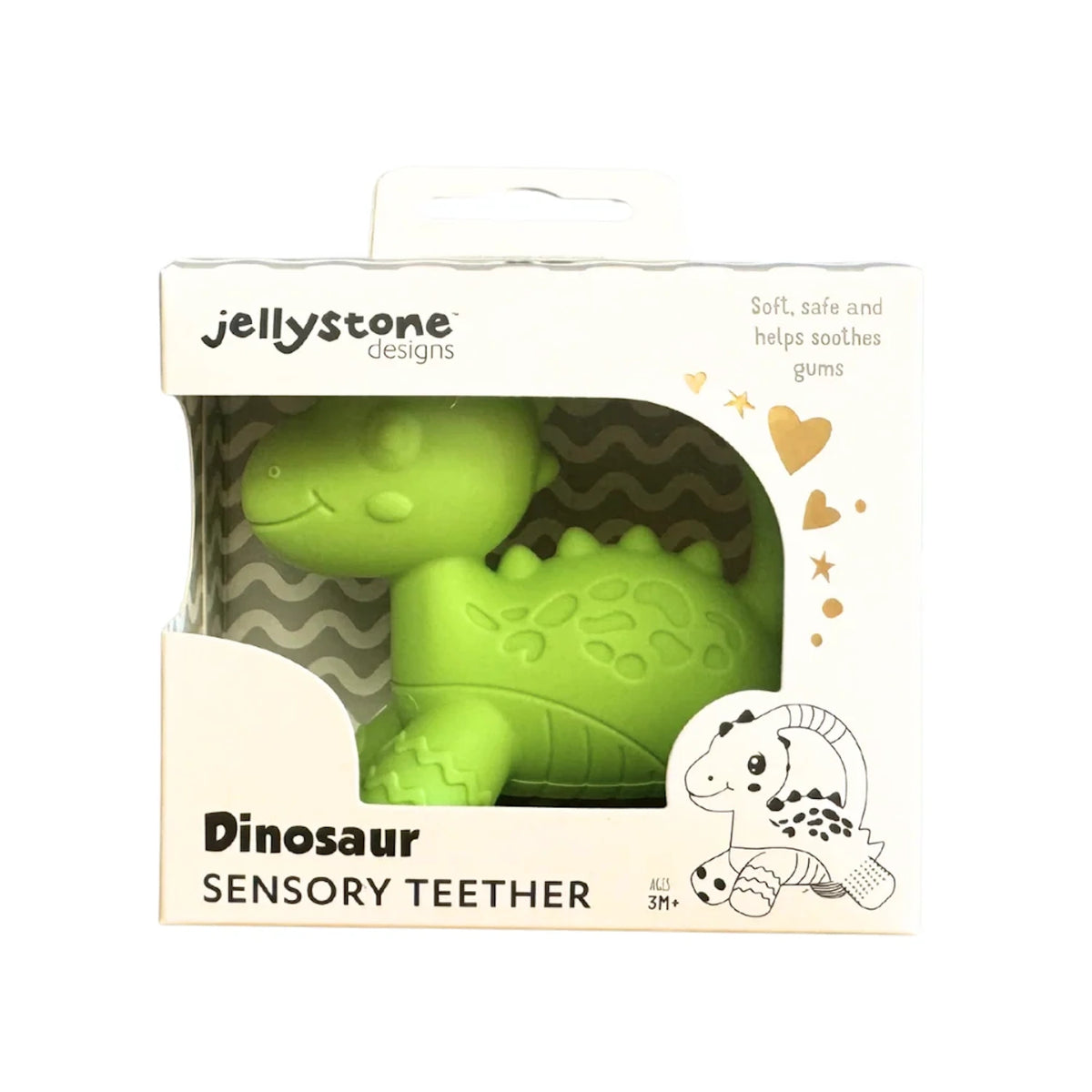 Product box for Jellystone Designs green Dinosaur Sensory Teether for ages 3M+.