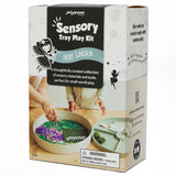 Jellystone Designs Fairy Garden Sensory Tray Play Kit box with children playing with sensory trays.