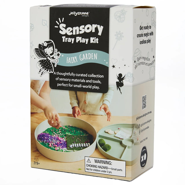 Jellystone Designs Fairy Garden Sensory Tray Play Kit box with children playing with sensory trays.