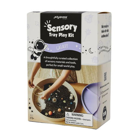 Jellystone Designs Sensory Tray Play Kit Galaxy packaging showing a child playing with space-themed rice.