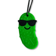 Jellystone Designs green pickle chew pendant wearing sunglasses with a cord.