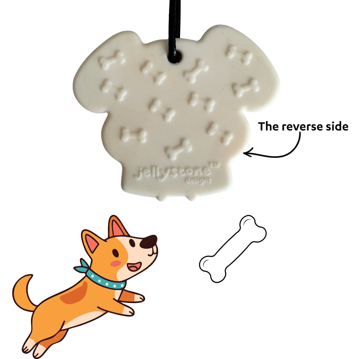 Back view of Jellystone Designs puppy chew pendant with raised bone textures and logo.