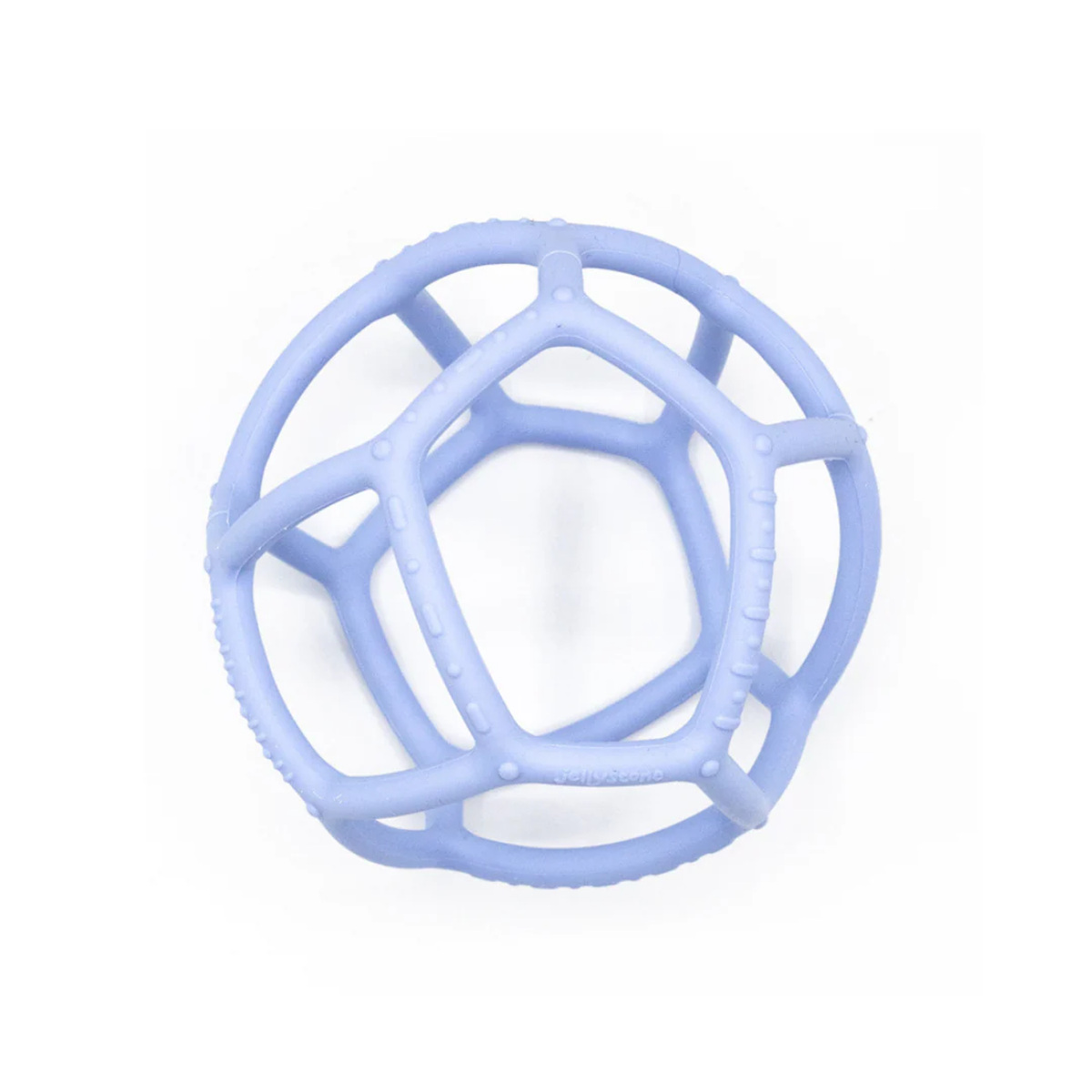 A light blue, geometric rubber ball with a hollow, web-like structure, designed for gripping and play. The background is a clean, white surface.