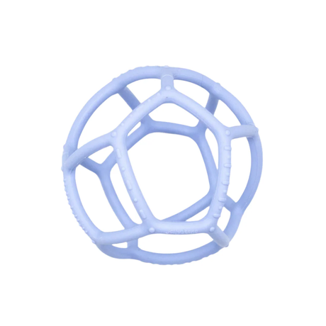A light blue, geometric rubber ball with a hollow, web-like structure, designed for gripping and play. The background is a clean, white surface.