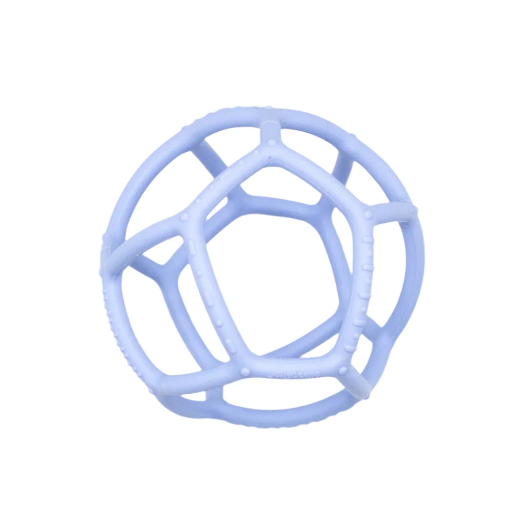 A light blue, geometric rubber ball with a hollow, web-like structure, designed for gripping and play. The background is a clean, white surface.